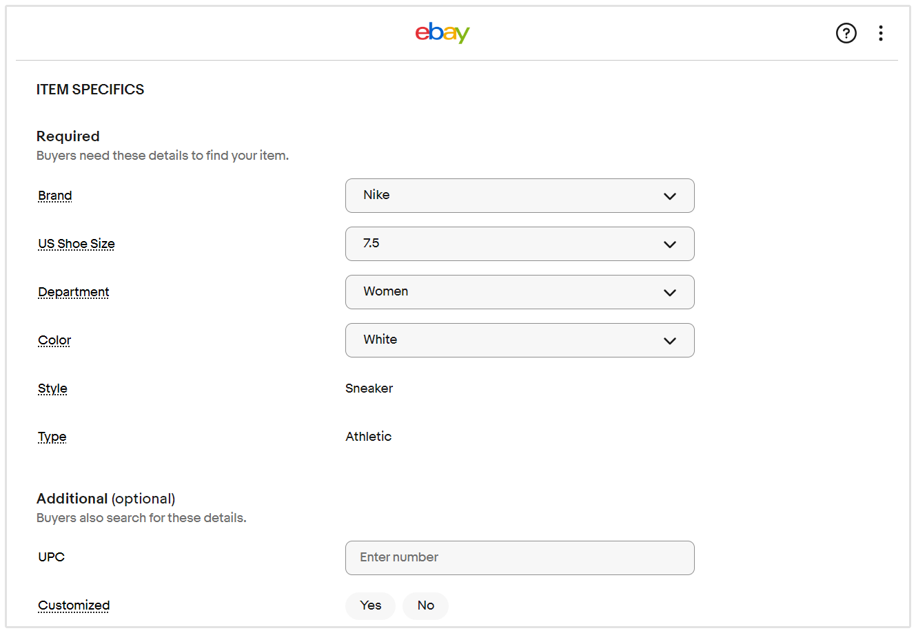Ebay SEO アイテム固有の詳細